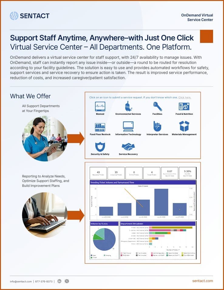 Improve hospital operations with Sentact OnDemand: healthcare technology for workflow automation, PX service recovery, and real-time staff support.
